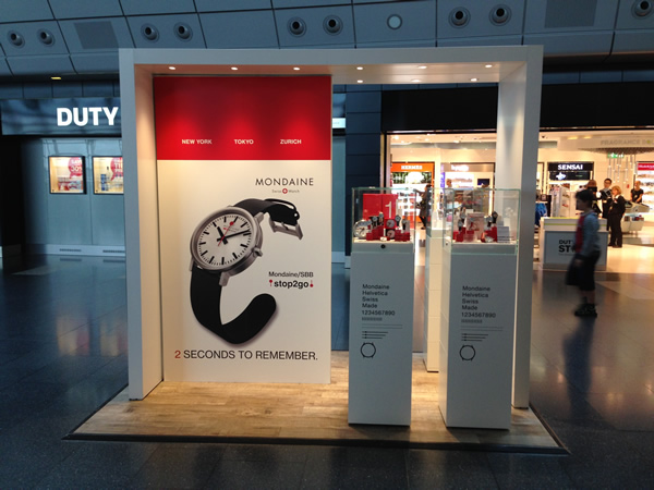 Pictured is the promotion taking place now at Zürich Airport, a top performing airport for sales of Mondaine and Luminox watches